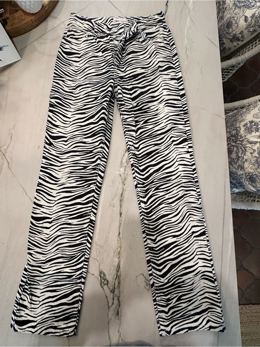 Zara Black and White Zebra-Pattern Button-Fly Pants